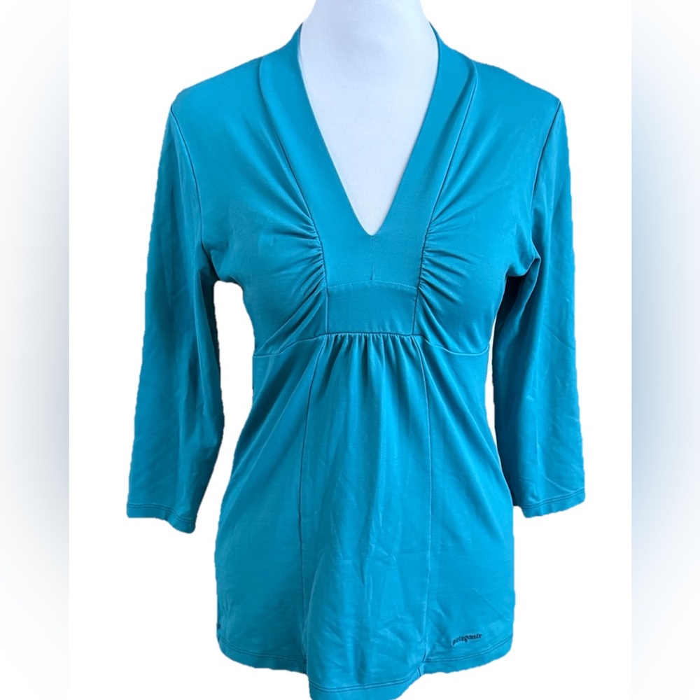 PATAGONIA RESPITE Teal Blue V-Neck 3/4 Sleeves Jersey Knit Top Size Small